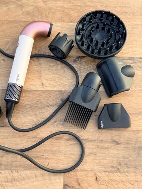 Dyson Supersonic Hair Dryer in White and Rose Gold with Black Attachments